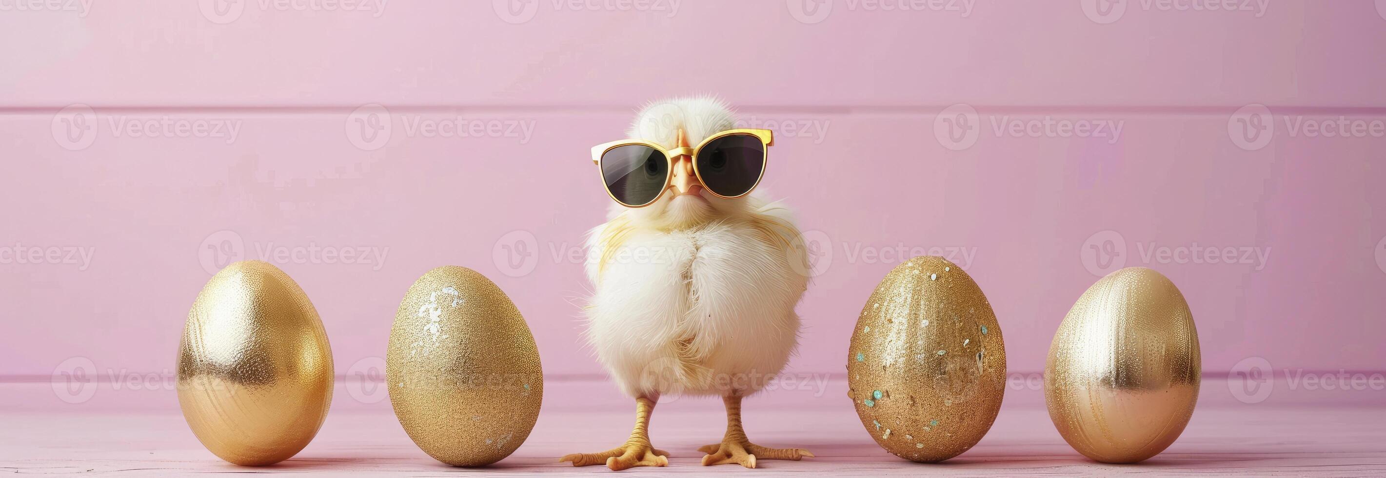 ai gerado feliz Páscoa conceito frango vestindo oculos de sol foto