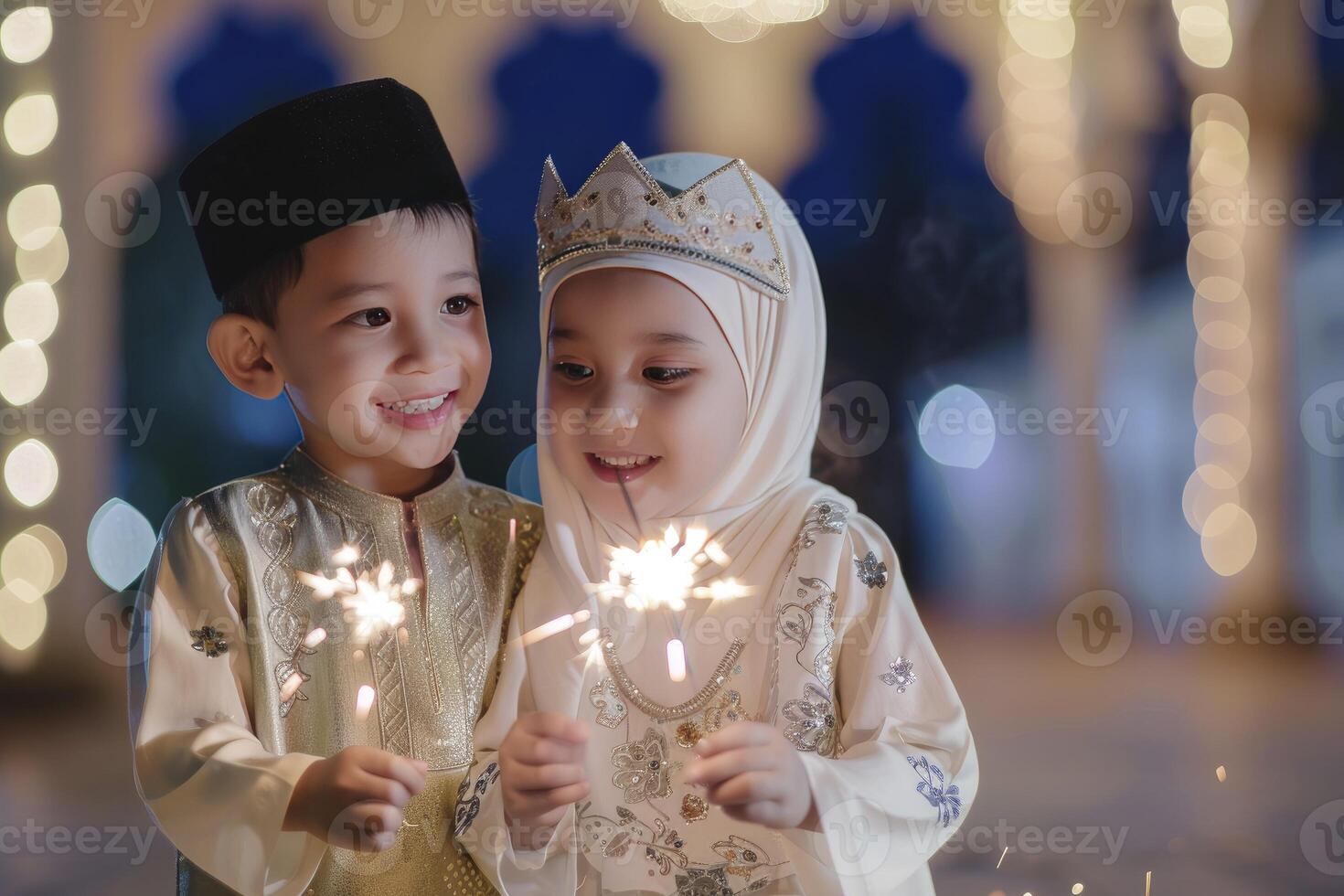 ai gerado muçulmano pequeno Garoto e menina jogando com estrelinhas. calibração a eid Mubarak foto