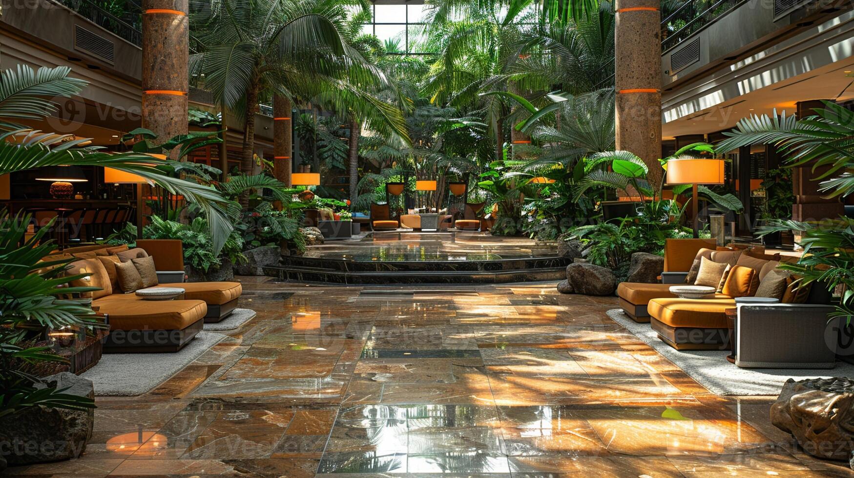 ai gerado luxuoso hotel lobby com mármore pavimentos exuberante plantas foto