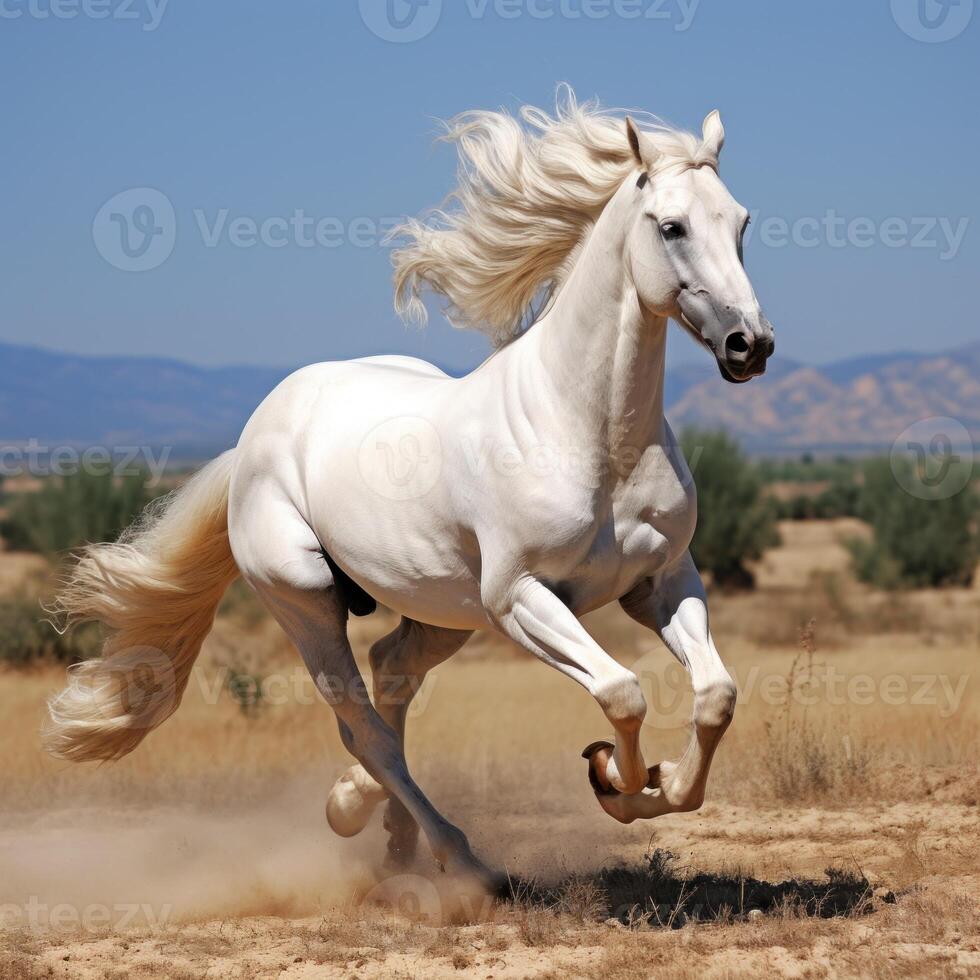 ai gerado branco cavalo garanhão corre galope foto