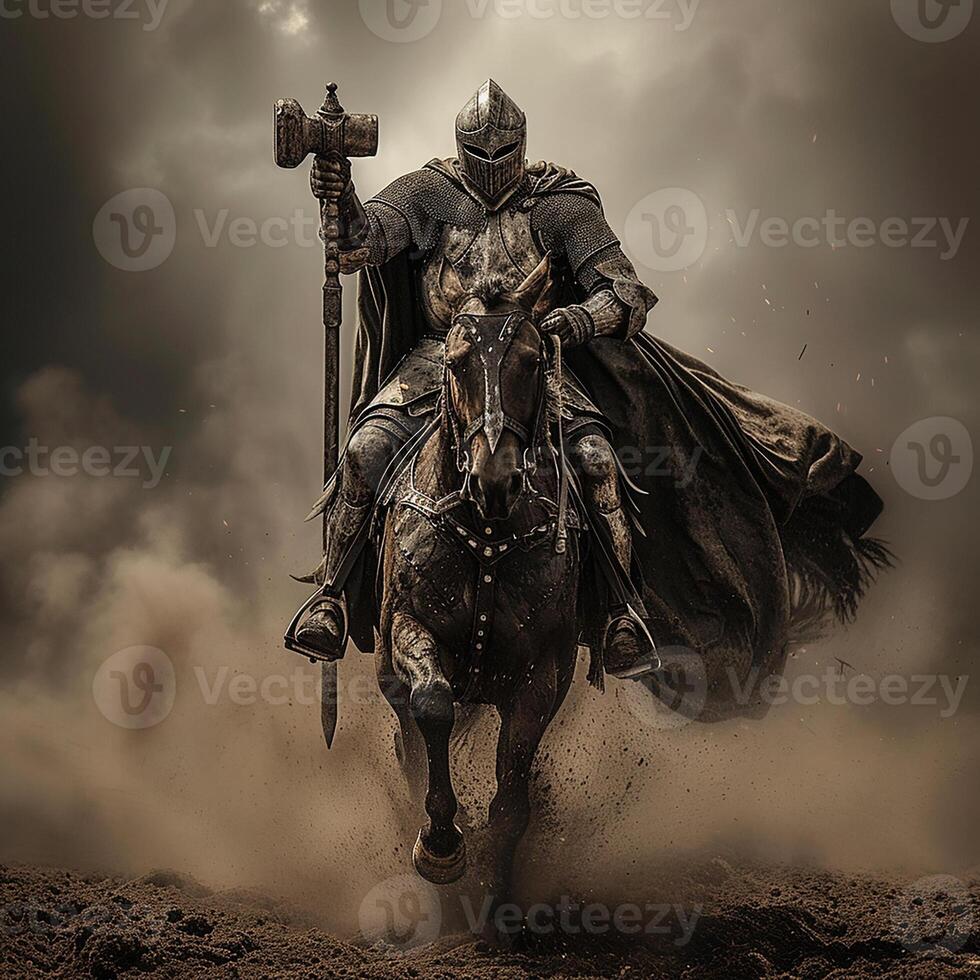 ai gerado fantasia cavaleiro armado com uma guerra martelo equitação uma guerra cavalo foto