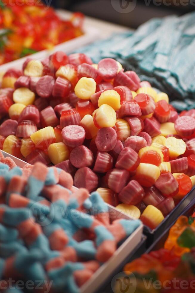misturado colorida geléia, gomoso doces exibição para vendas foto