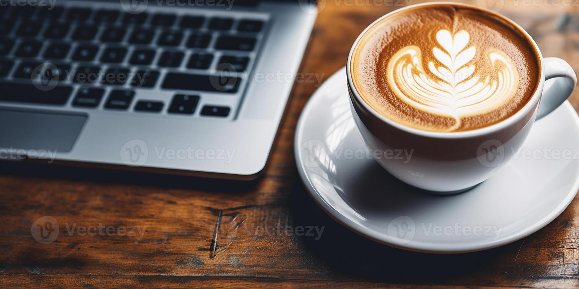 ai gerado fechar-se do uma copo do quente café com leite café com uma leite espuma padronizar e uma computador portátil em uma de madeira mesa foto