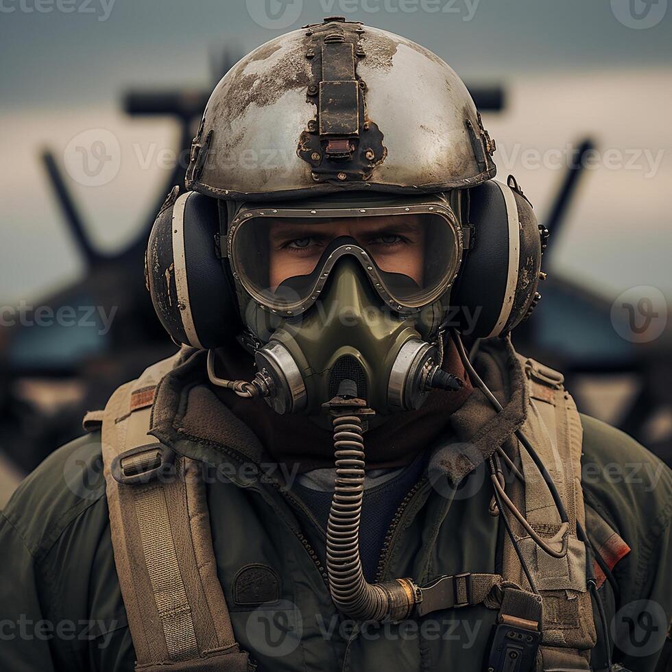 ai gerado realista imagem do uma militares aeronave piloto. antes uma combate missão foto