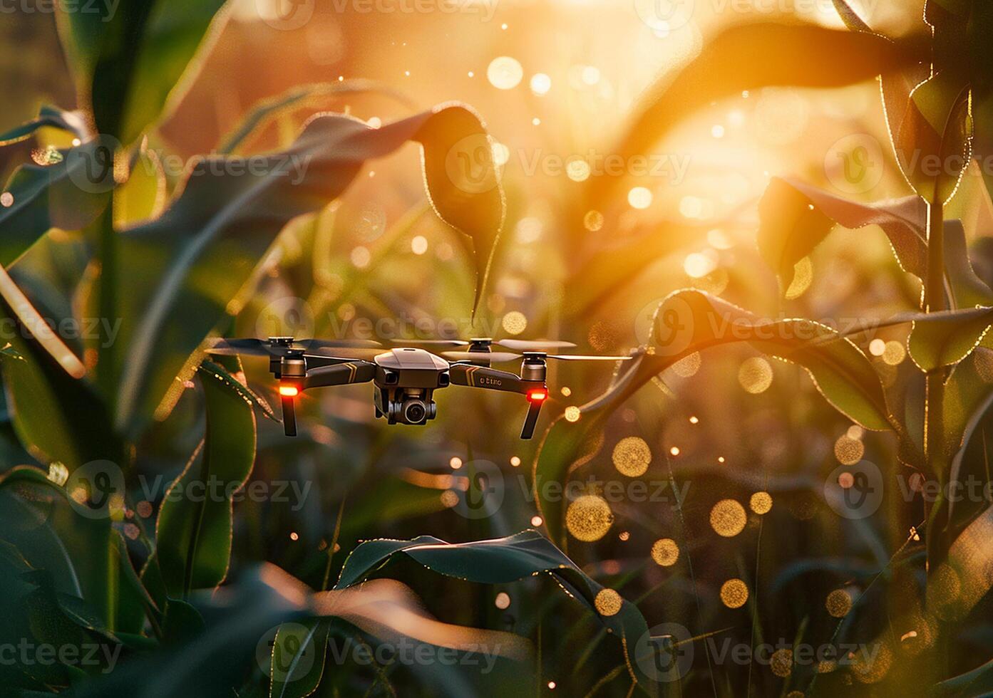 ai gerado a zangão moscas entre a plantas. inteligente agricultura agricultura controlada de tecnologia. foto