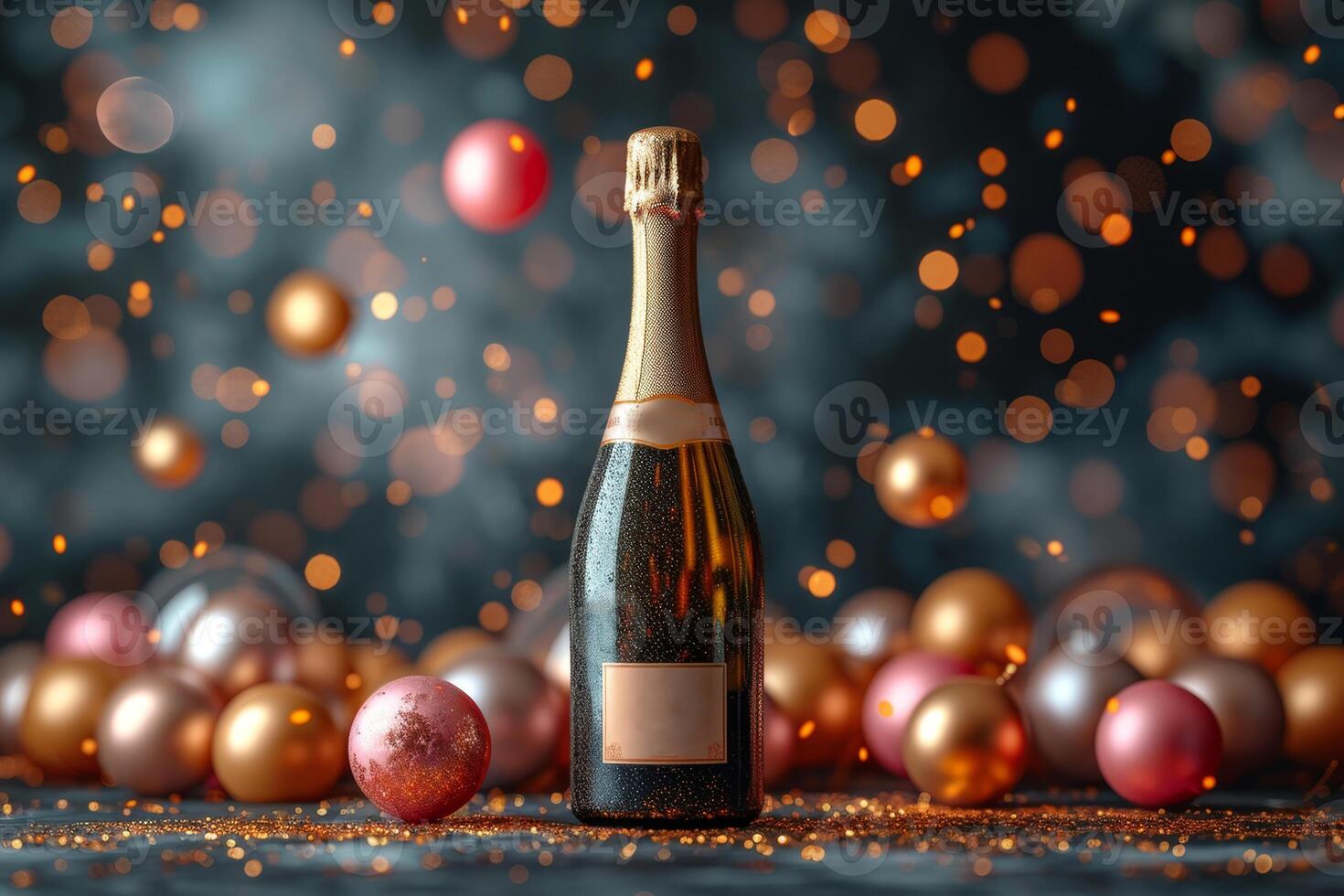 ai gerado uma garrafa do champanhe com a esvaziar rótulo, em uma festivo fundo com balões foto