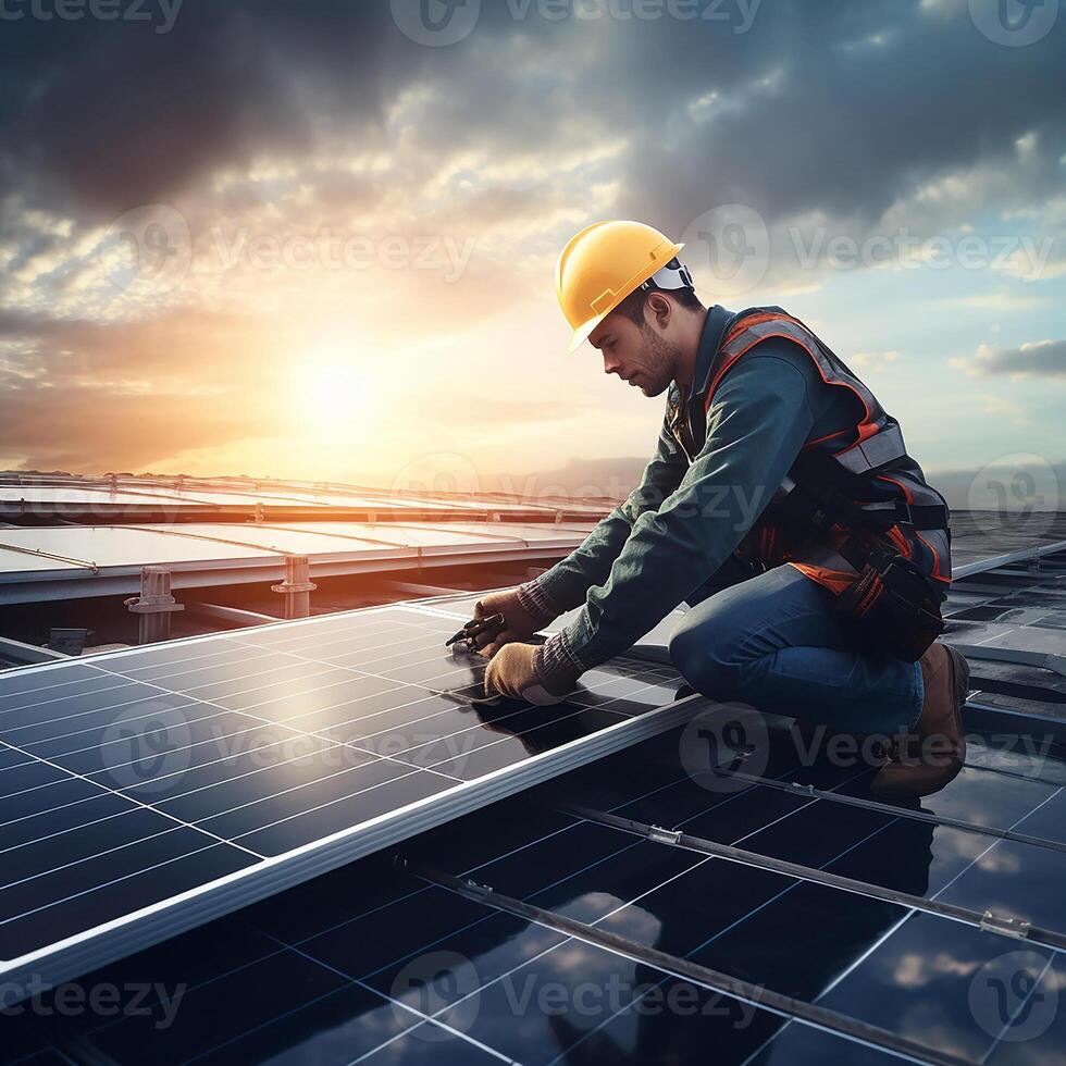 ai gerado técnico instalando solar painéis em teto, instalando fotovoltaico solar painel sistema, limpar \ limpo eletricidade casa conceito, fora da rede poder fornecem foto