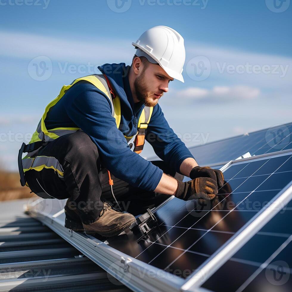 ai gerado técnico instalando solar painéis em teto, instalando fotovoltaico solar painel sistema, limpar \ limpo eletricidade casa conceito, fora da rede poder fornecem foto