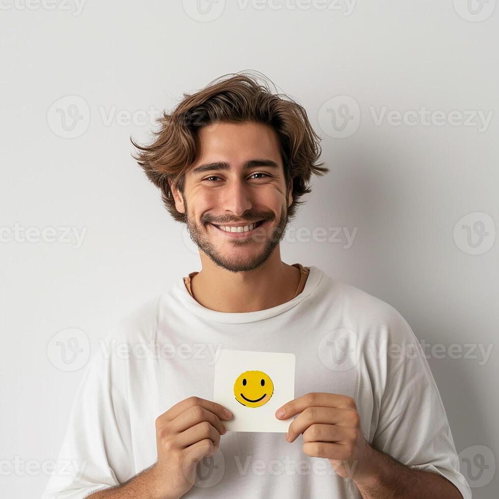ai gerado homem segurando cartão com sorridente emoji. emoção foto