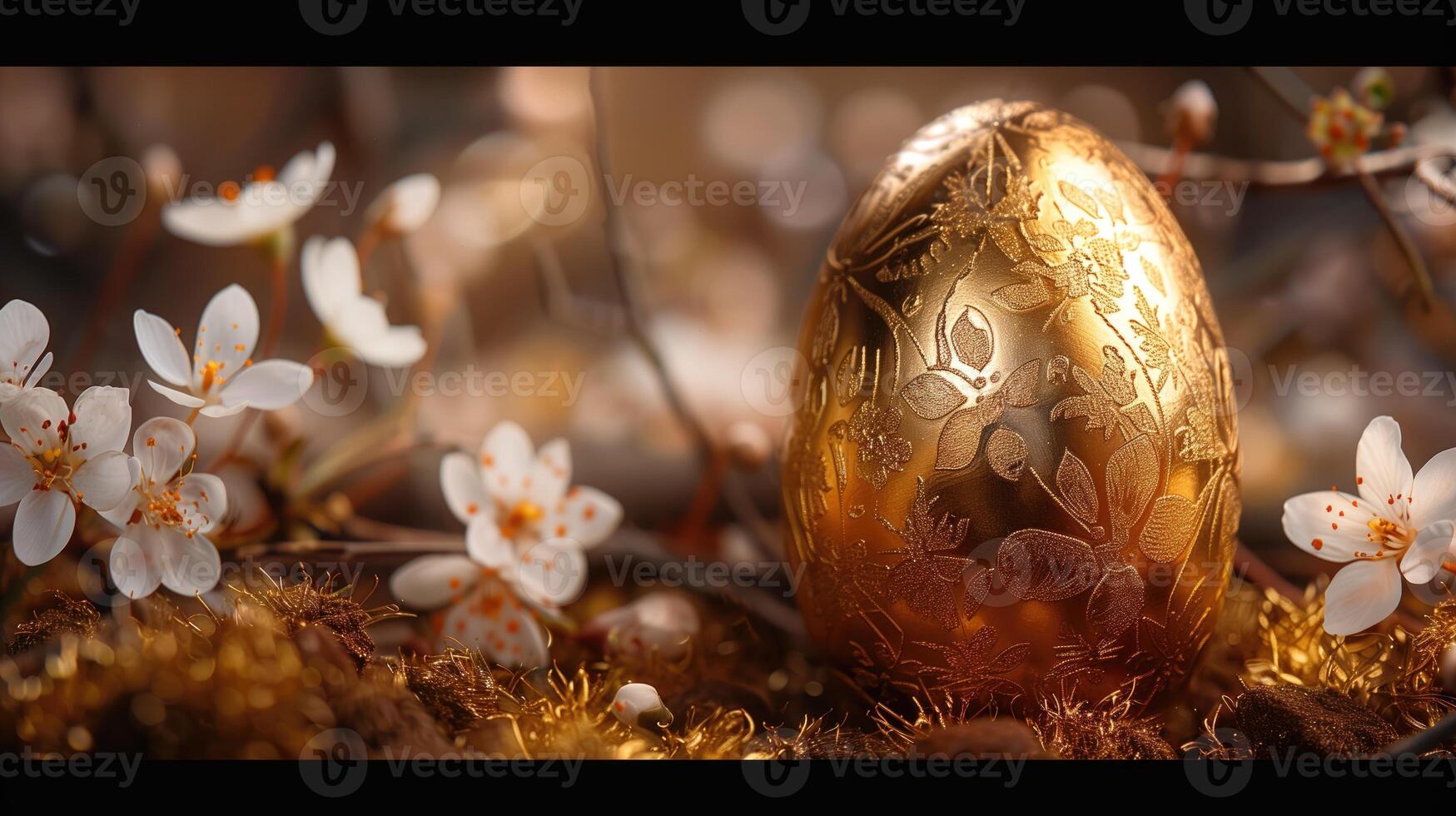 ai gerado dourado Páscoa ovo com Primavera Flor em Sombrio fundo, fechar-se foto