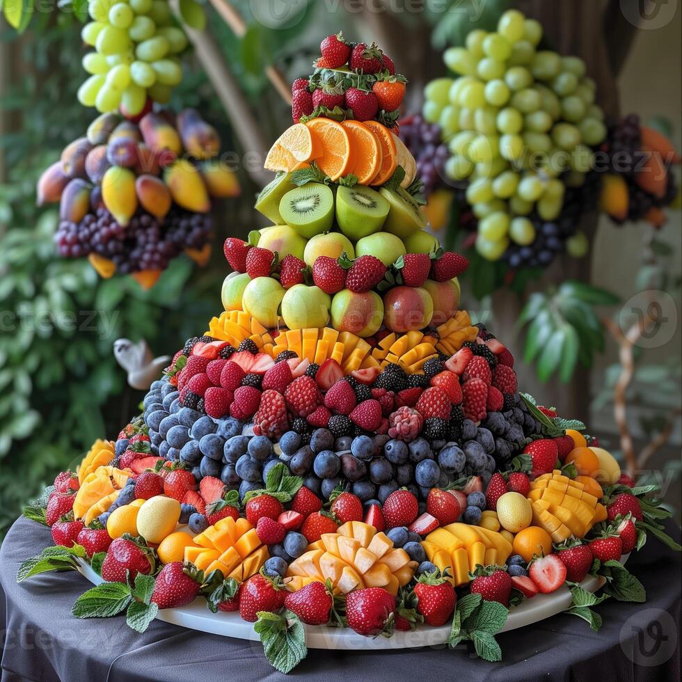 ai gerado fruta bolo com uma variedade do frutas em uma mesa dentro a jardim foto