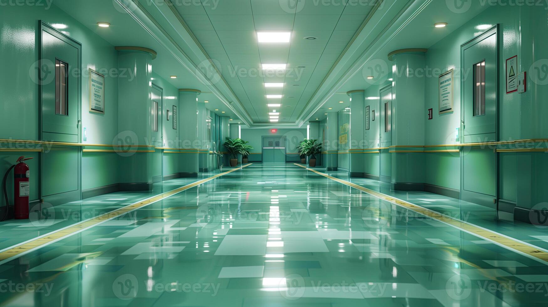 ai gerado interior do uma hospital corredor com verde paredes e azul chão. foto