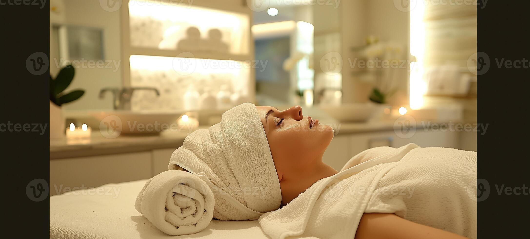 ai gerado relaxado jovem mulher com toalha em cabeça deitado dentro spa salão foto