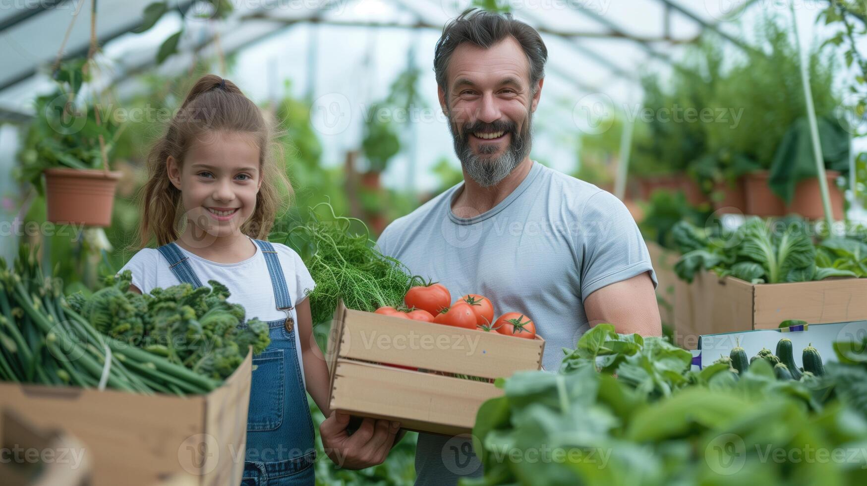 ai gerado família agricultura. feliz pai e criança carregando caixa do legumes em agricultura o negócio ou nutrição jardim foto