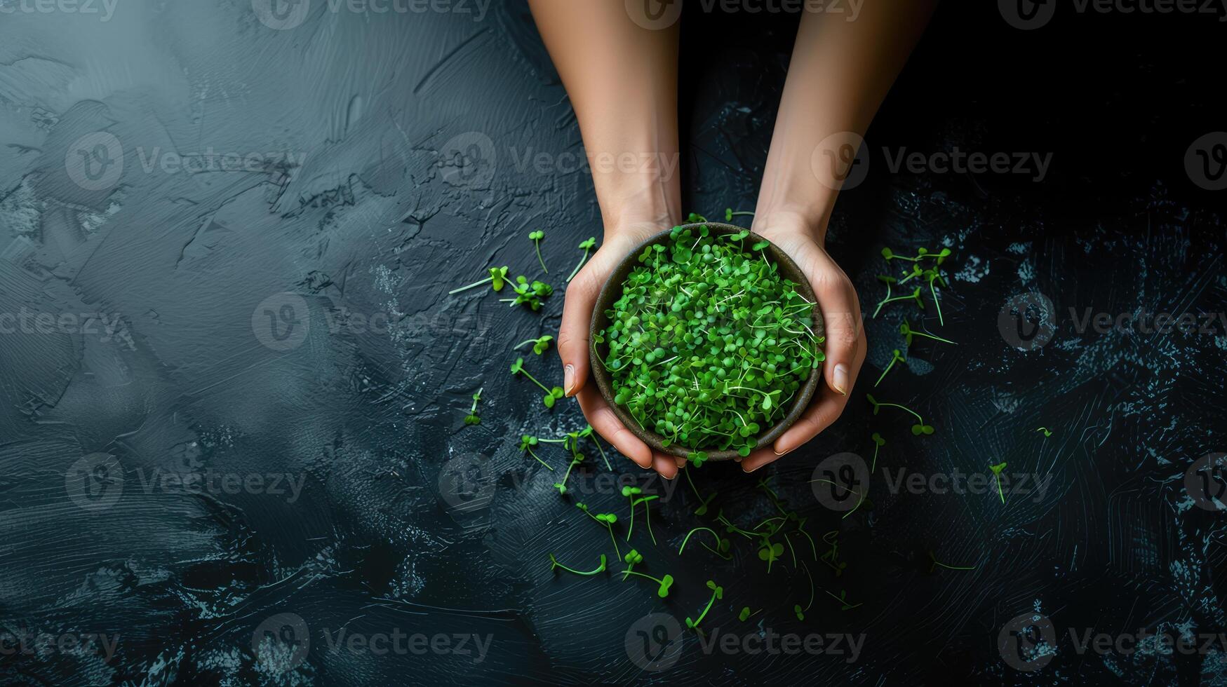 ai gerado fêmea mãos segurando uma tigela do verde microgreens em uma Sombrio fundo. cópia de espaço foto