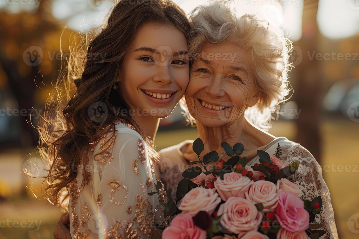 ai gerado sorridente mãe e filha com ramalhete do flores olhando às Câmera foto