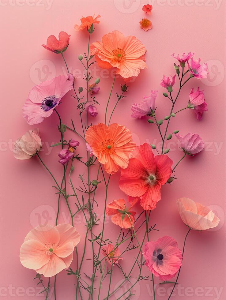 ai gerado colorida flores em Rosa tecido Como uma fundo. floral composição foto