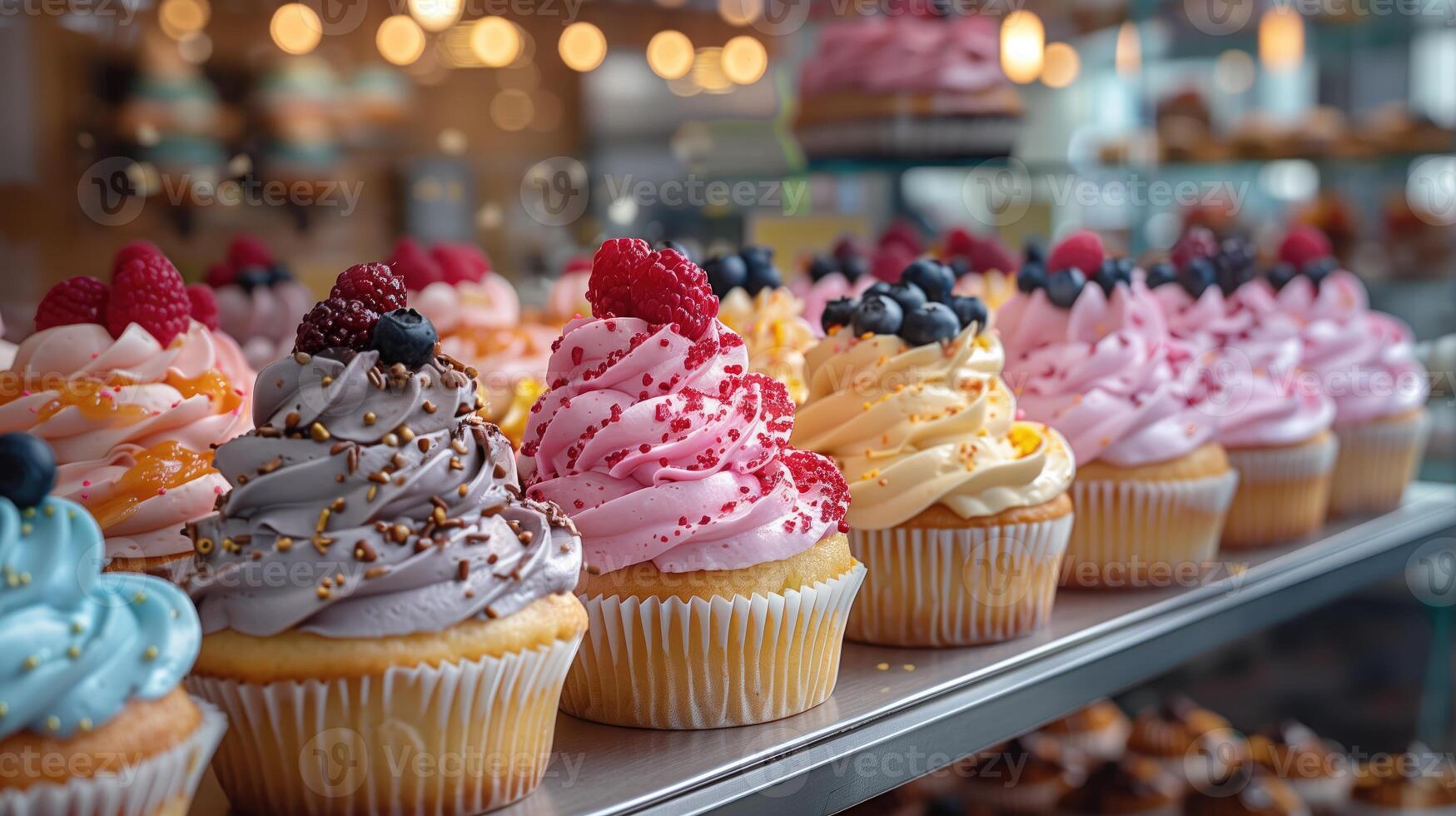 ai gerado sortimento do delicioso bolos de copo com creme e framboesas em de madeira mesa foto