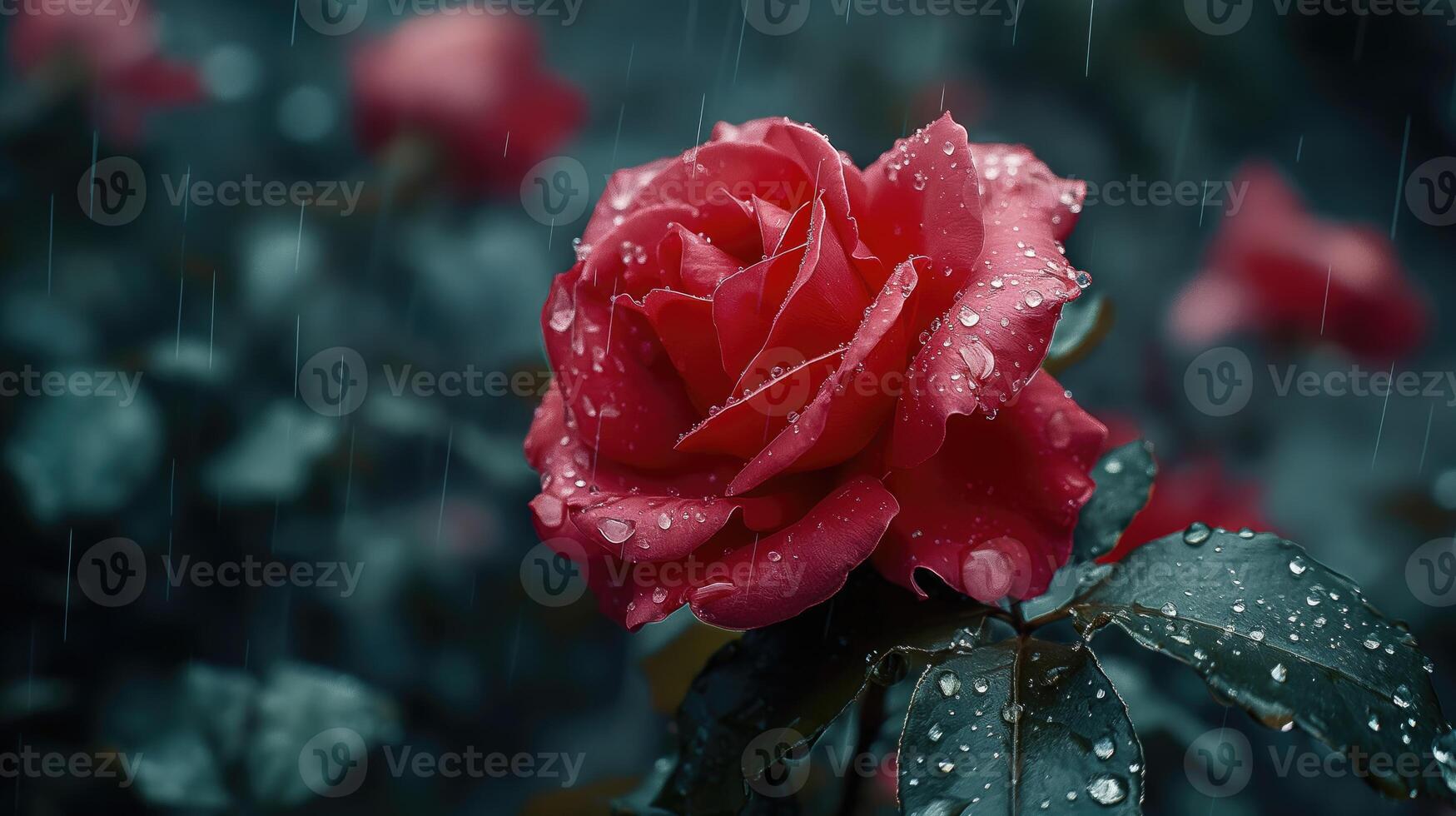 ai gerado lindo vermelho rosa com pingos de chuva em a folhas dentro a chuva foto