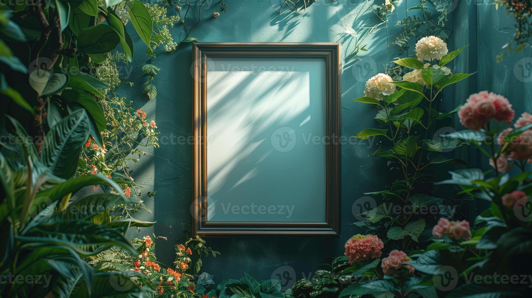 ai gerado zombar acima quadro, Armação em verde parede com flores e plantas. 3d Renderização foto