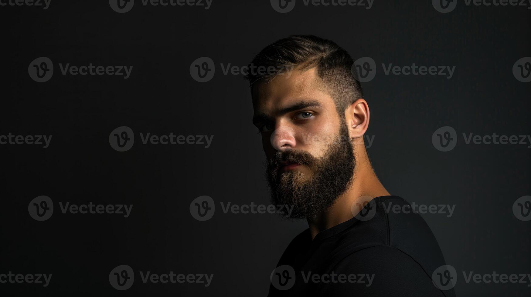 ai gerado retrato do uma brutal bonito jovem homem com uma barba em uma Preto fundo foto