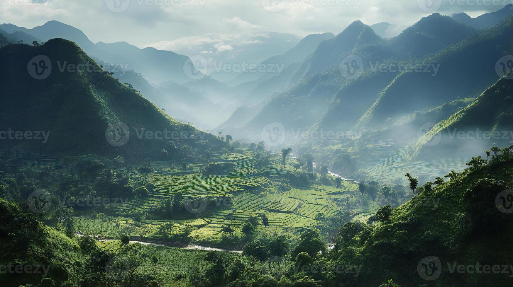 ai gerado a montanhas estão coberto dentro verde vegetação e névoa foto