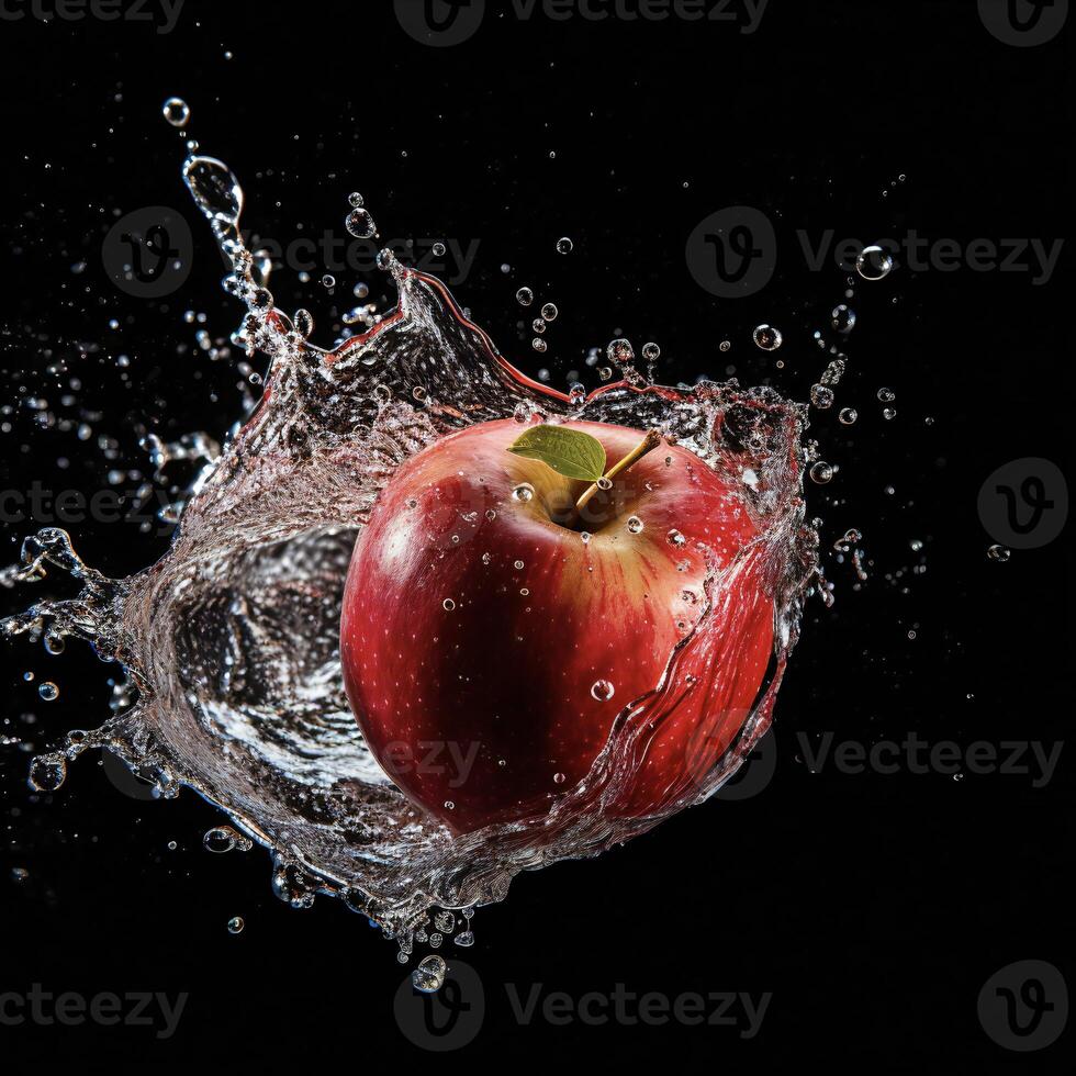 ai gerado a maçã é espirrando dentro água foto