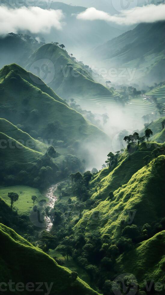 ai gerado a montanhas estão coberto dentro verde vegetação e névoa foto