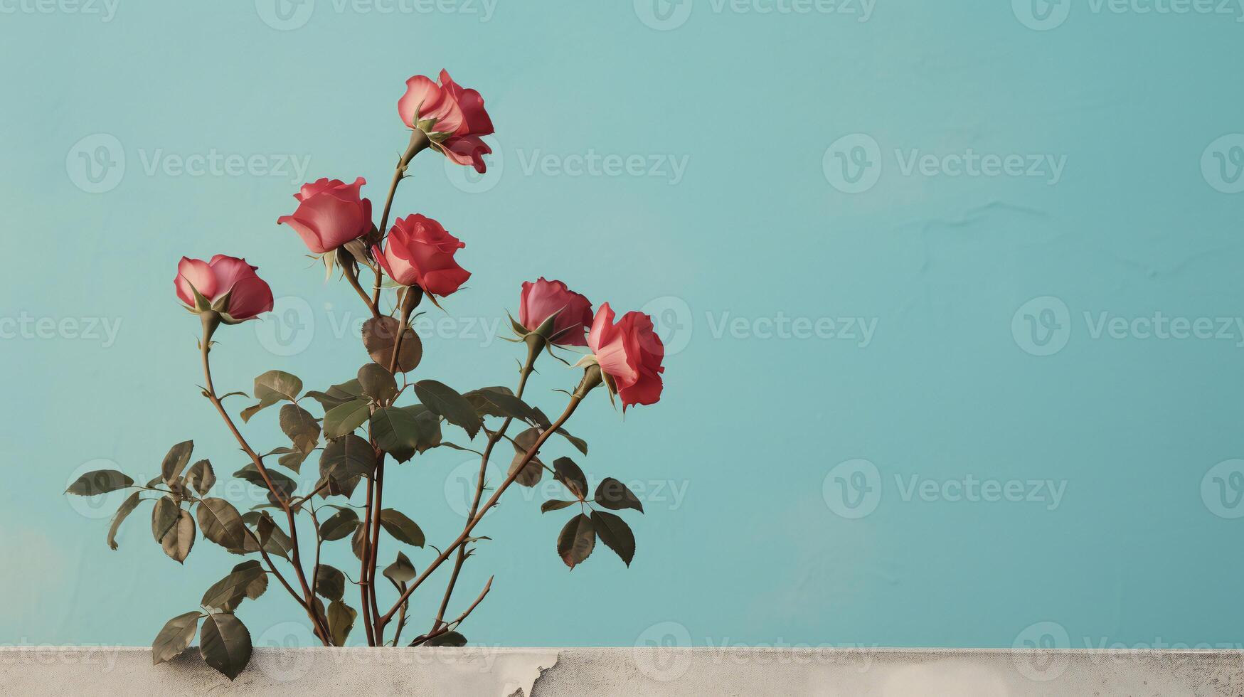 ai gerado vermelho rosas contra uma azul parede foto