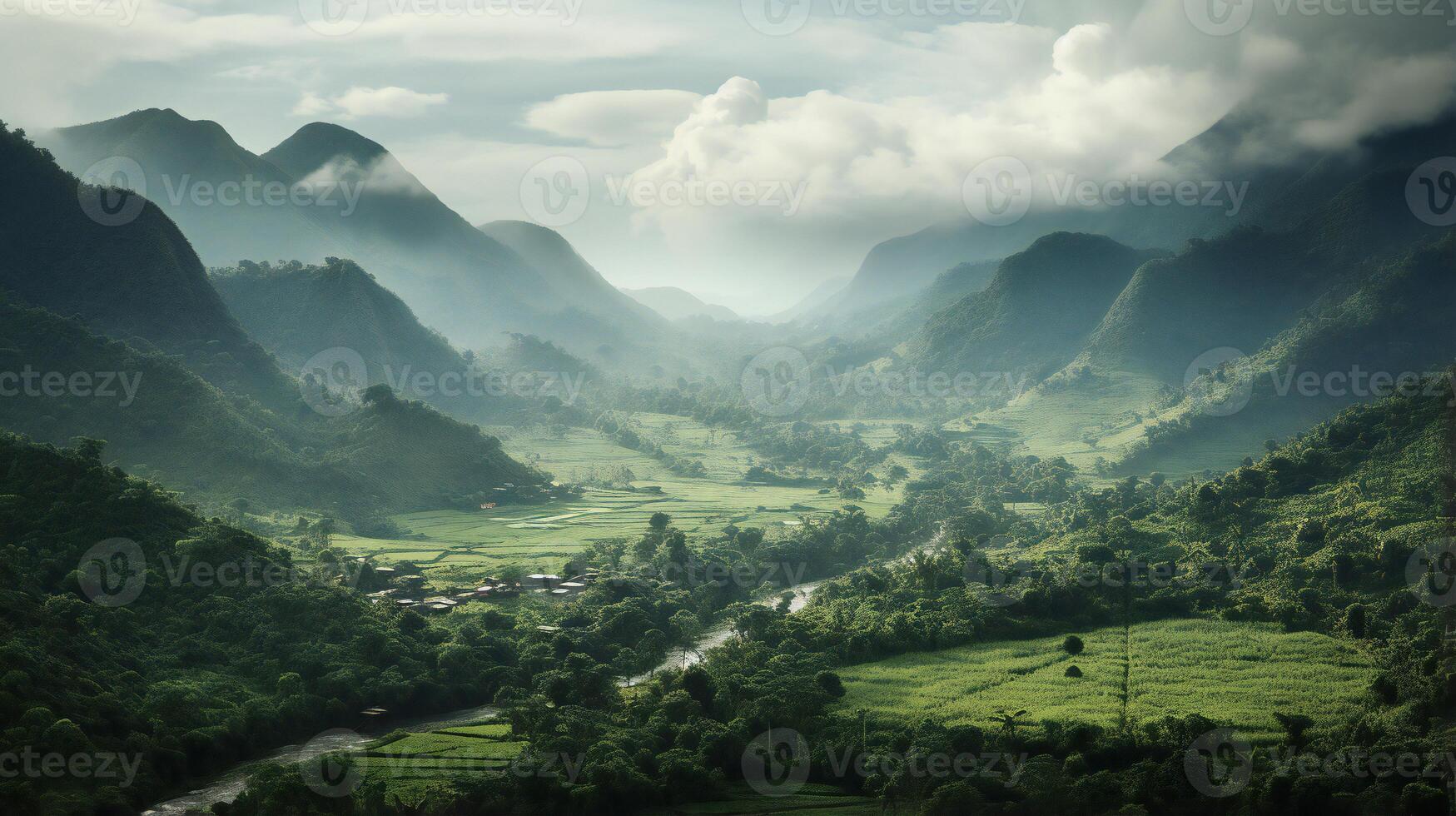 ai gerado a montanhas estão coberto dentro verde vegetação e névoa foto