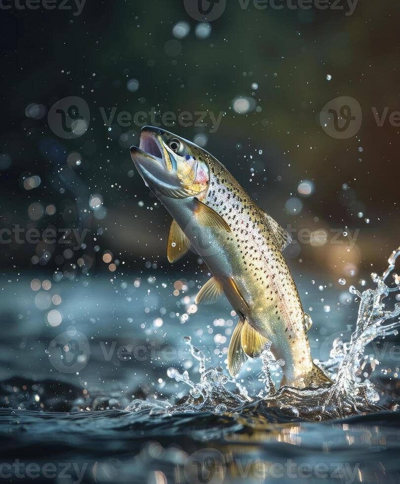 ai gerado truta pulando Fora a partir de a água. pescaria conceito foto