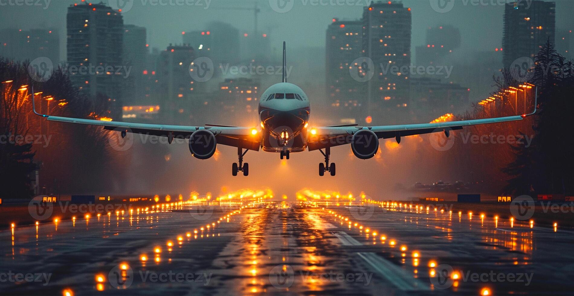 ai gerado uma comercial Civil aeronave terras em a pista às a aeroporto. viagem e transporte conceito - ai gerado imagem foto