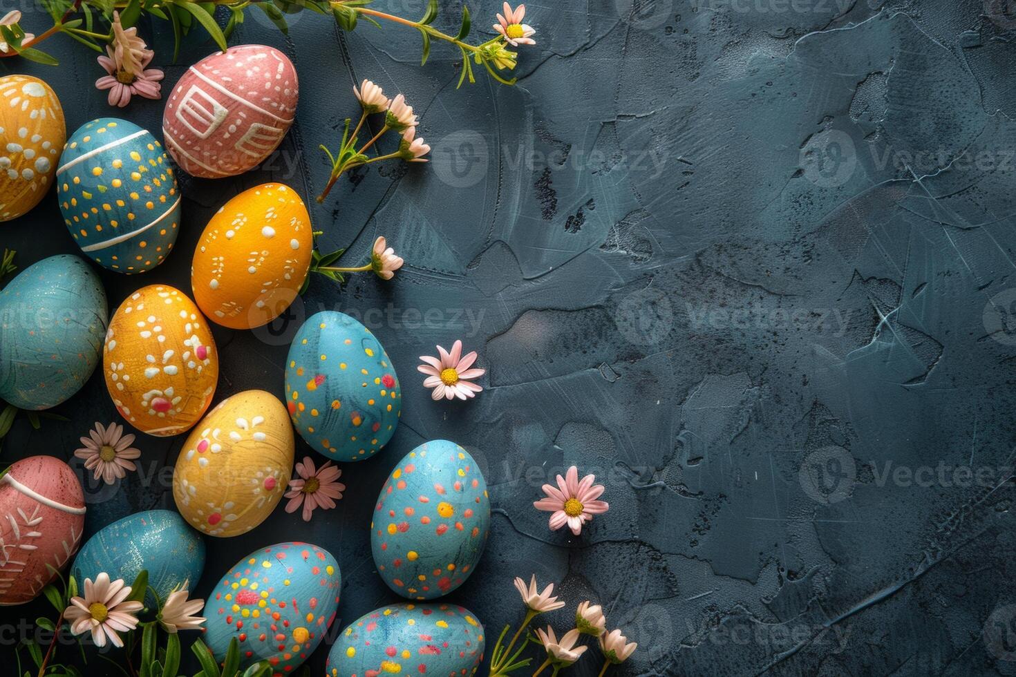 ai gerado decorativo Páscoa ovos com floral padrões em uma Sombrio ardósia fundo, acentuado com fresco margaridas e vegetação foto