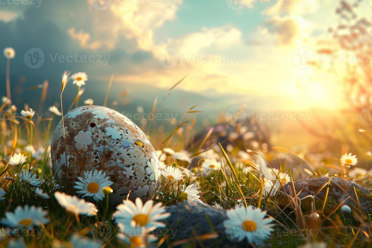 ai gerado colorida Páscoa ovos decorado com padrões em repouso em vibrante Primavera Relva no meio flores silvestres, banhado dentro luz solar foto