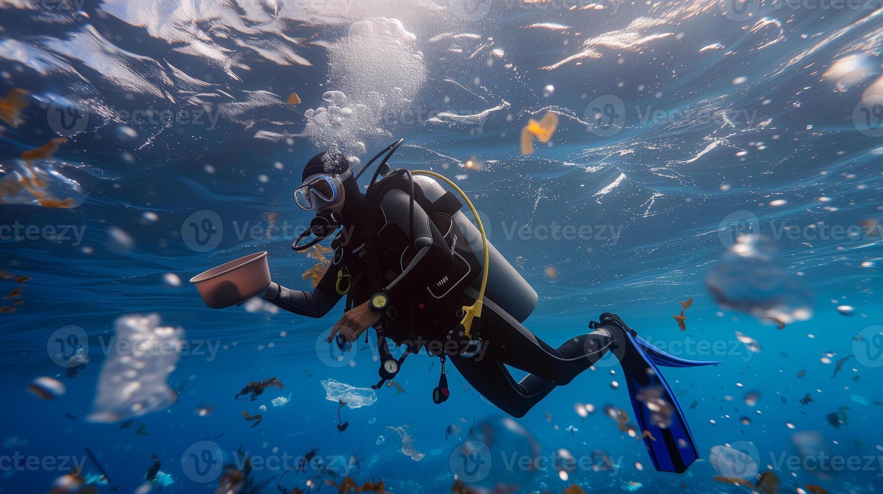 ai gerado mergulho mergulhador colecionar plástico dentro a oceano foto