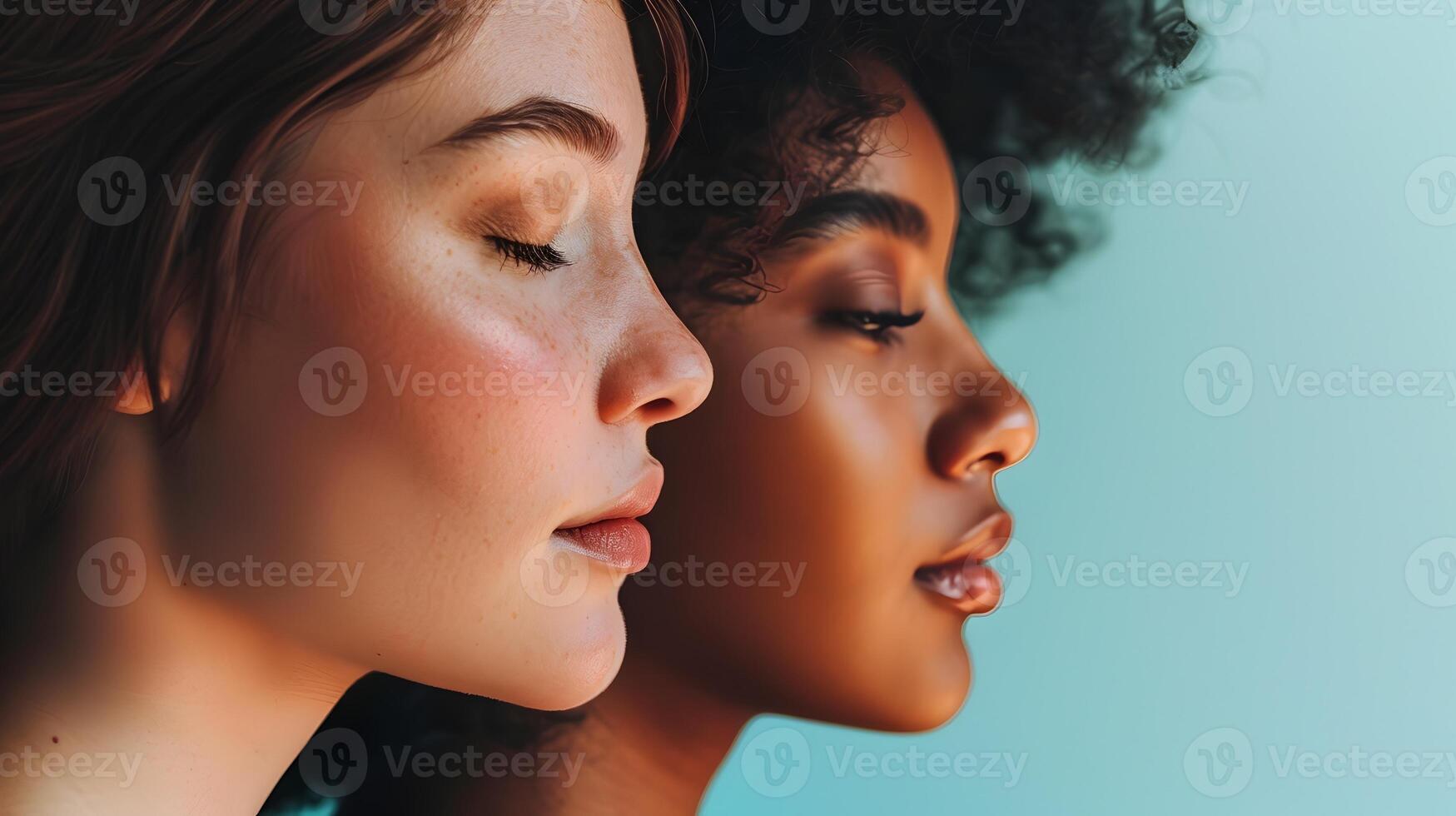 ai gerado fechar-se retrato do dois mulheres a comemorar diversidade, para mostruário a beleza do diversidade e unidade através uma sereno e detalhado retrato do dois foto