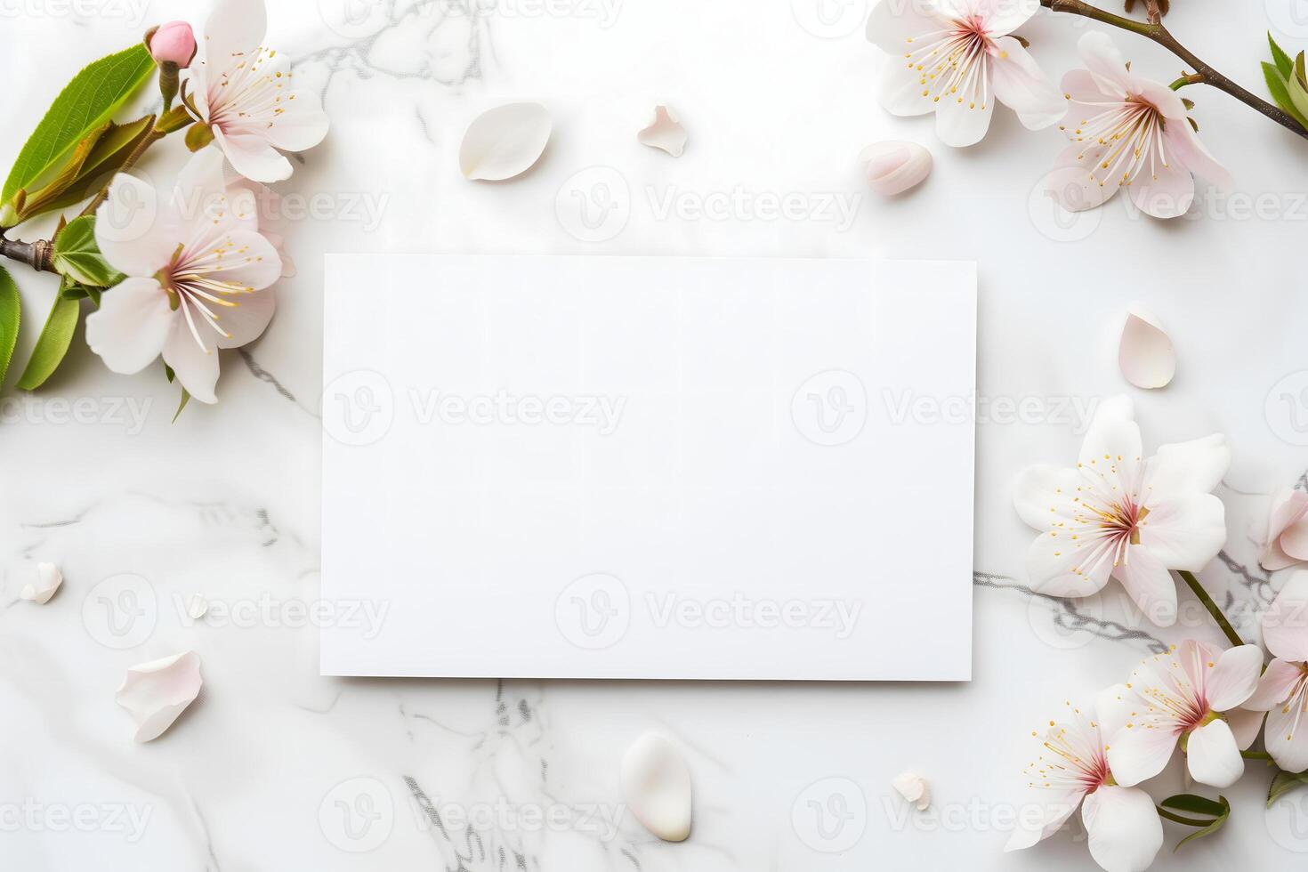 ai gerado branco cumprimento cartão com flores zombar acima Alto ângulo Visão diretamente acima decoração foto
