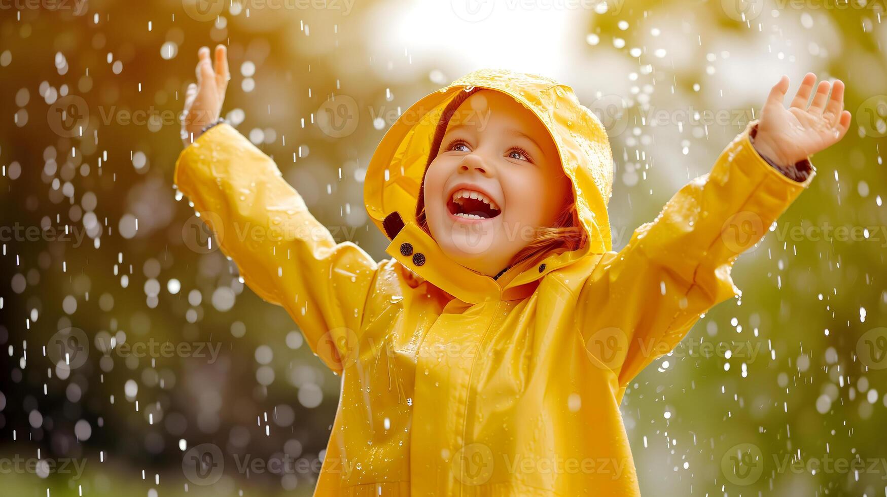 ai gerado feliz criança dentro amarelo capa de chuva desfrutando chuva. foto