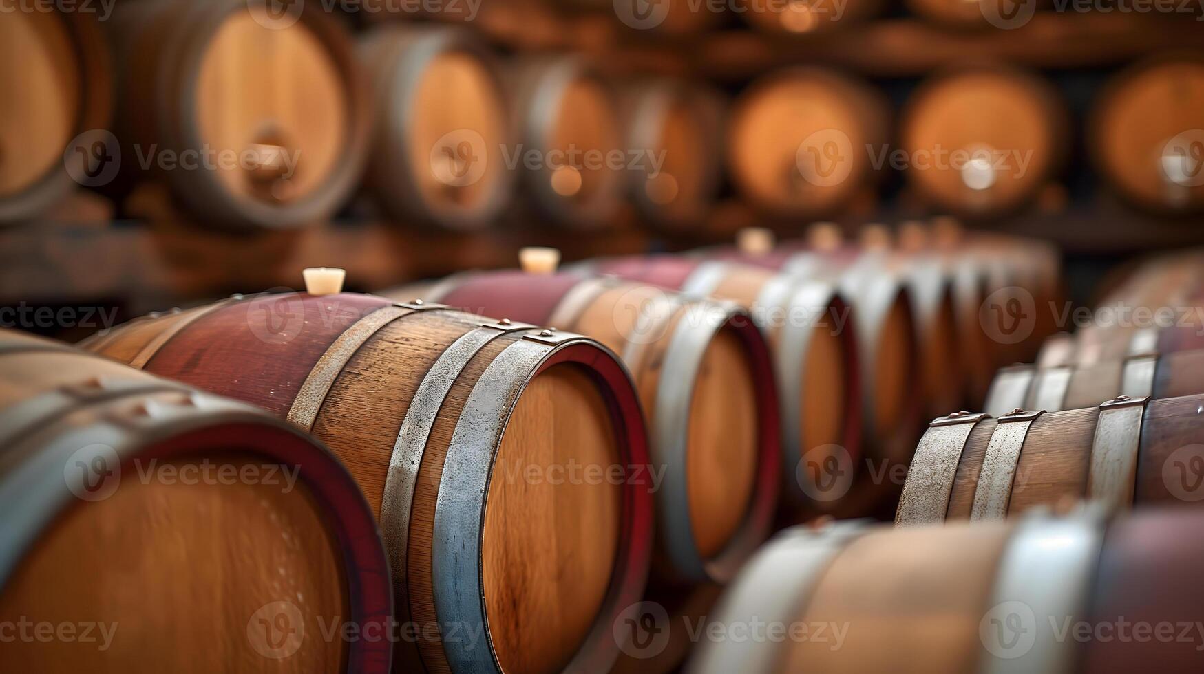 ai gerado vinho barris arranjado ordenadamente dentro a vinho porão foto