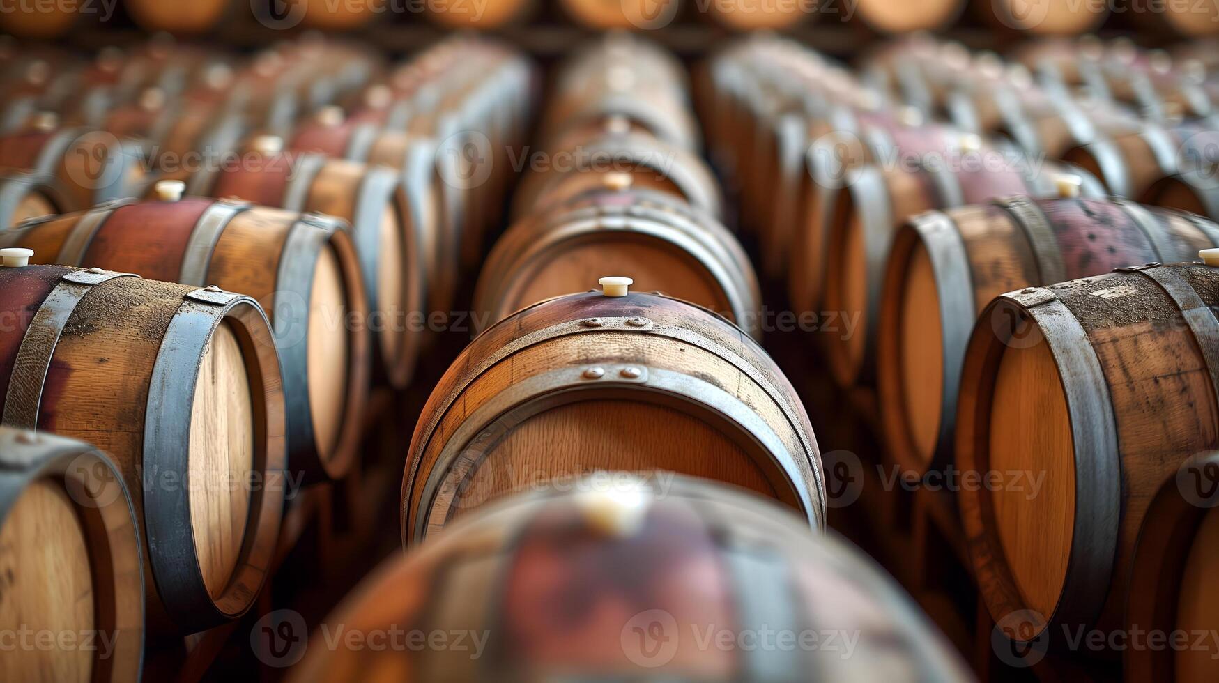 ai gerado vinho barris arranjado ordenadamente dentro a vinho porão foto