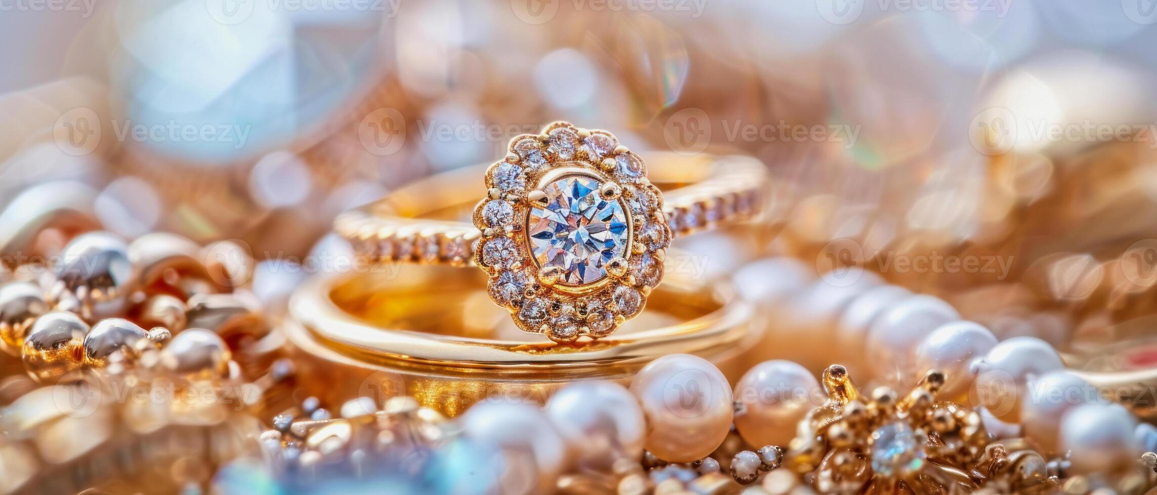 ai gerado ilustração do cravejado de diamantes ouro joalheria com correntes e uma anel foto