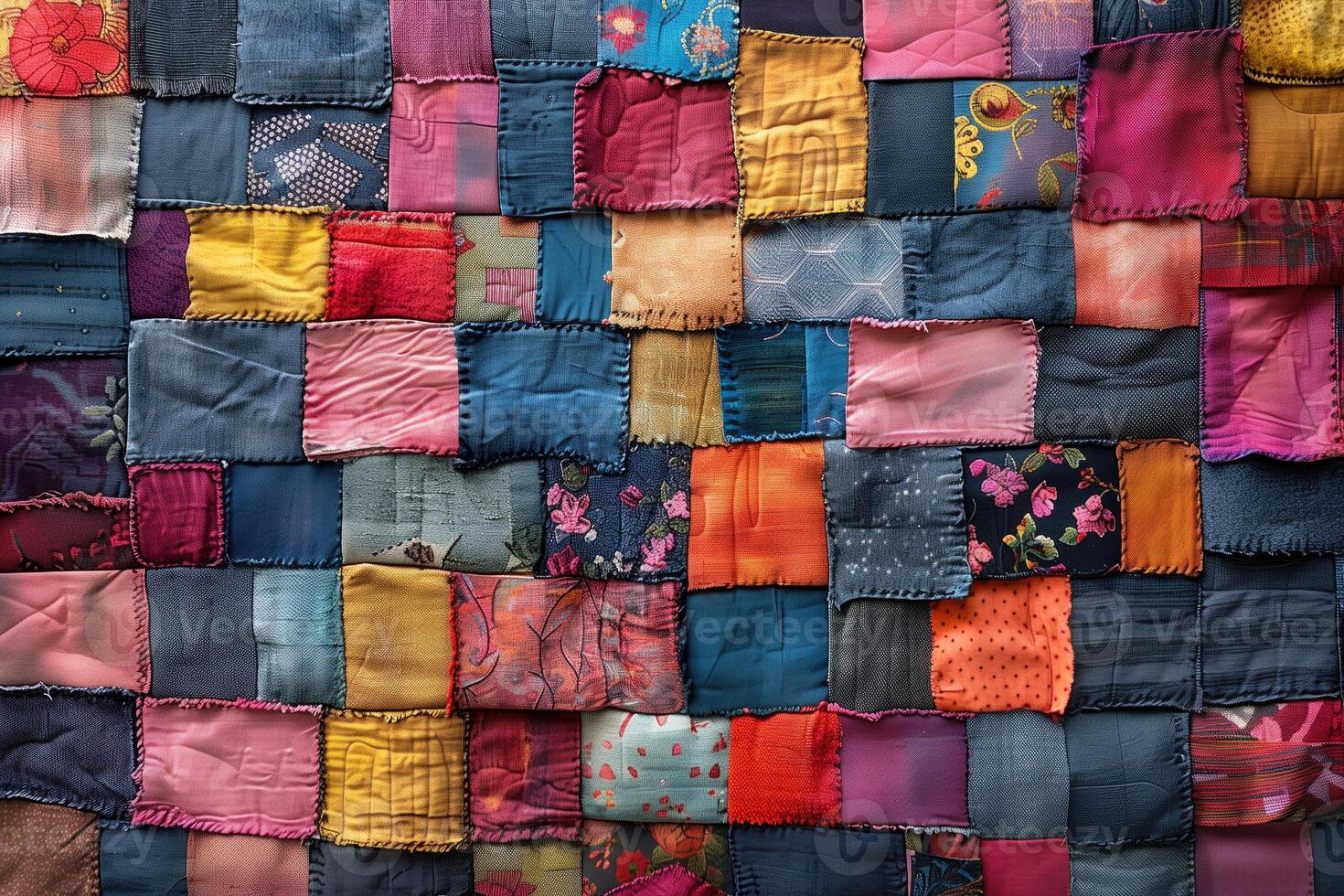 ai gerado desatado têxtil fundo, colorida patchwork colcha fez a partir de peças do tecido foto