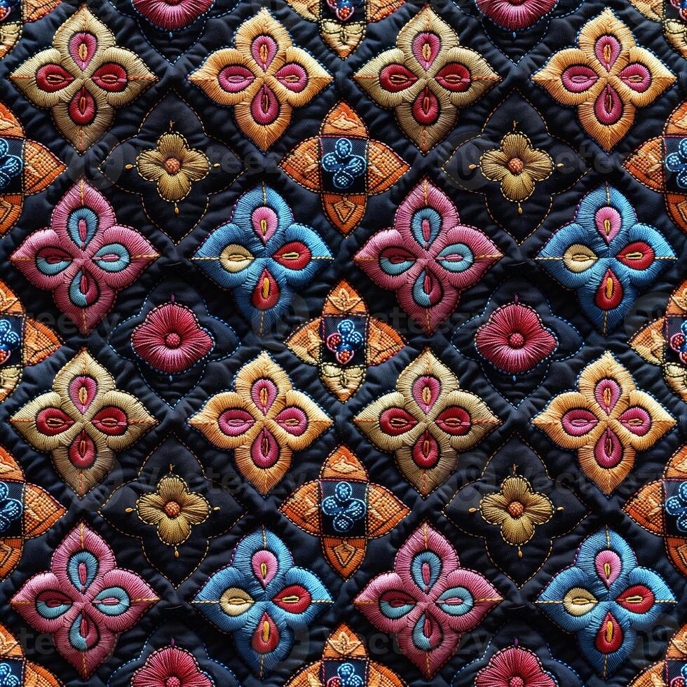 ai gerado desatado têxtil fundo, colorida patchwork fez a partir de bordado peças do tecido foto