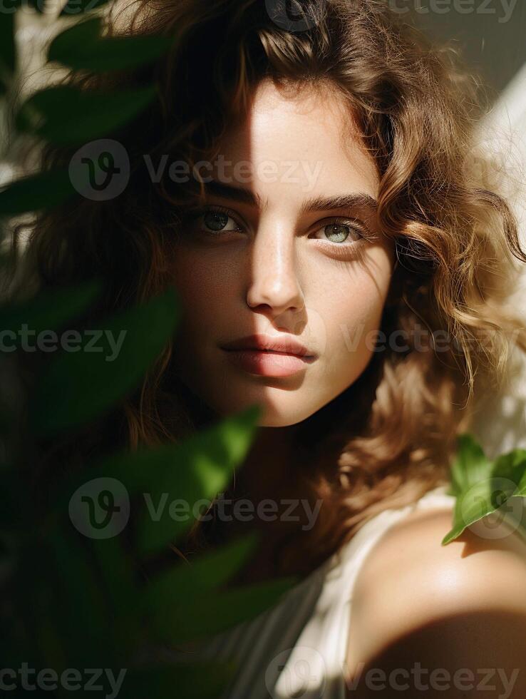 ai gerado retrato do encaracolado mulher cercado de plantas. ai gerado foto com selvagem atmosfera perfeito para orgânico cosméticos, mulheres marcas, bem estar local na rede Internet