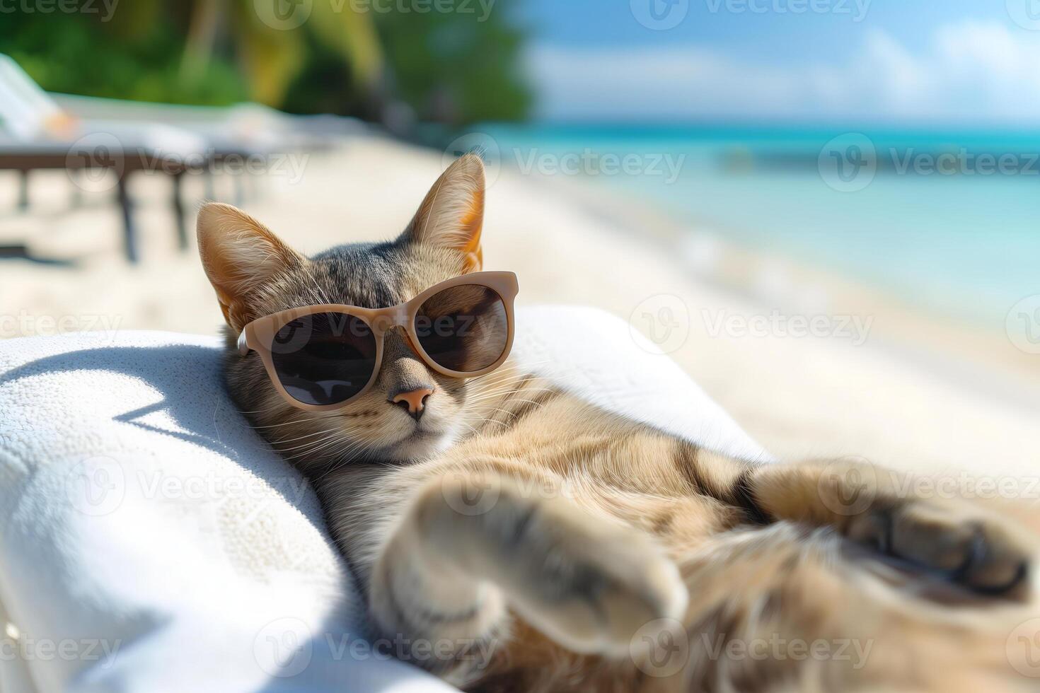 ai gerado malhado gato com oculos de sol liderar em tropical de praia foto