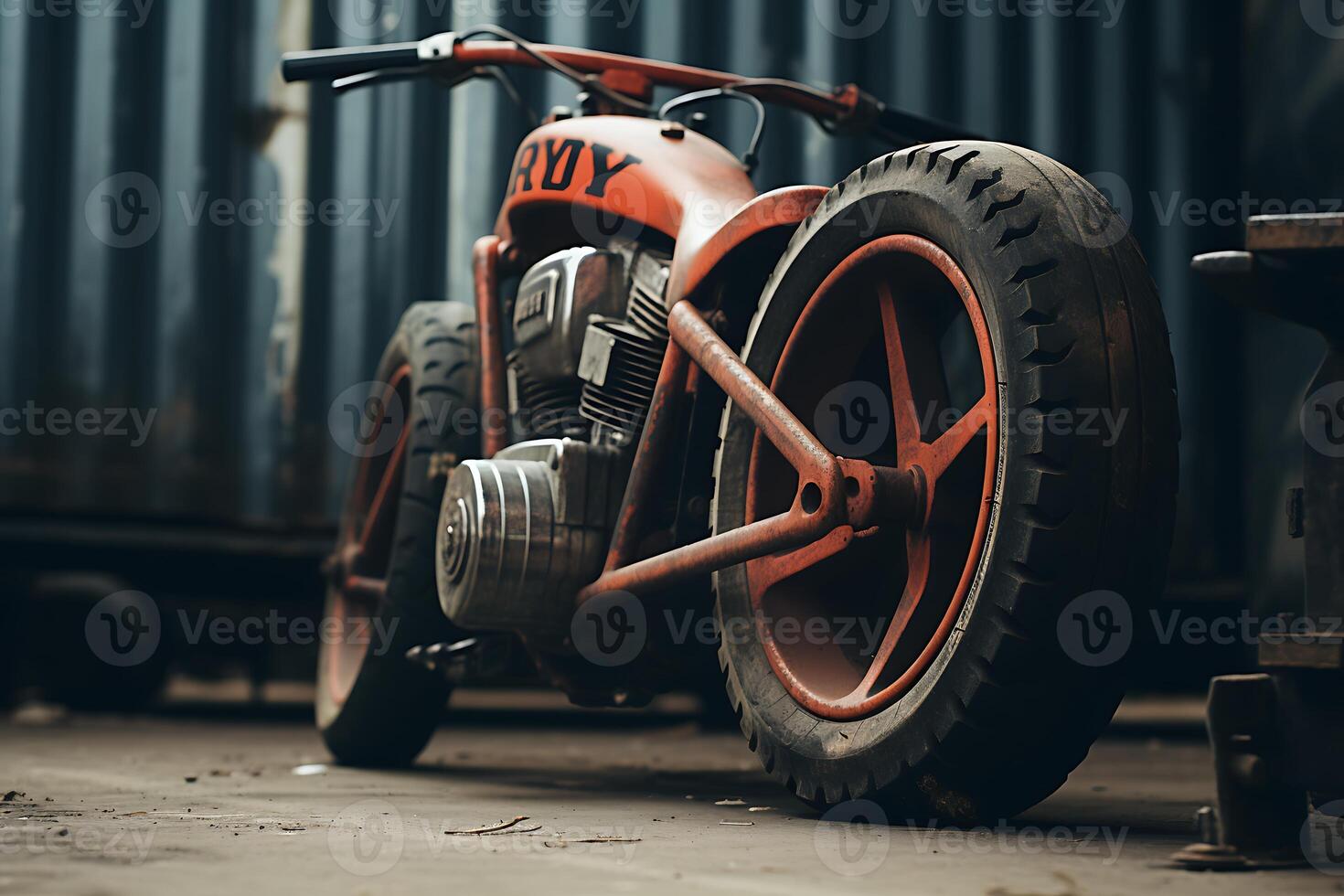 ai gerado uma fechar-se tiro do a rodas do uma motocicleta com uma azul conceito fundo foto