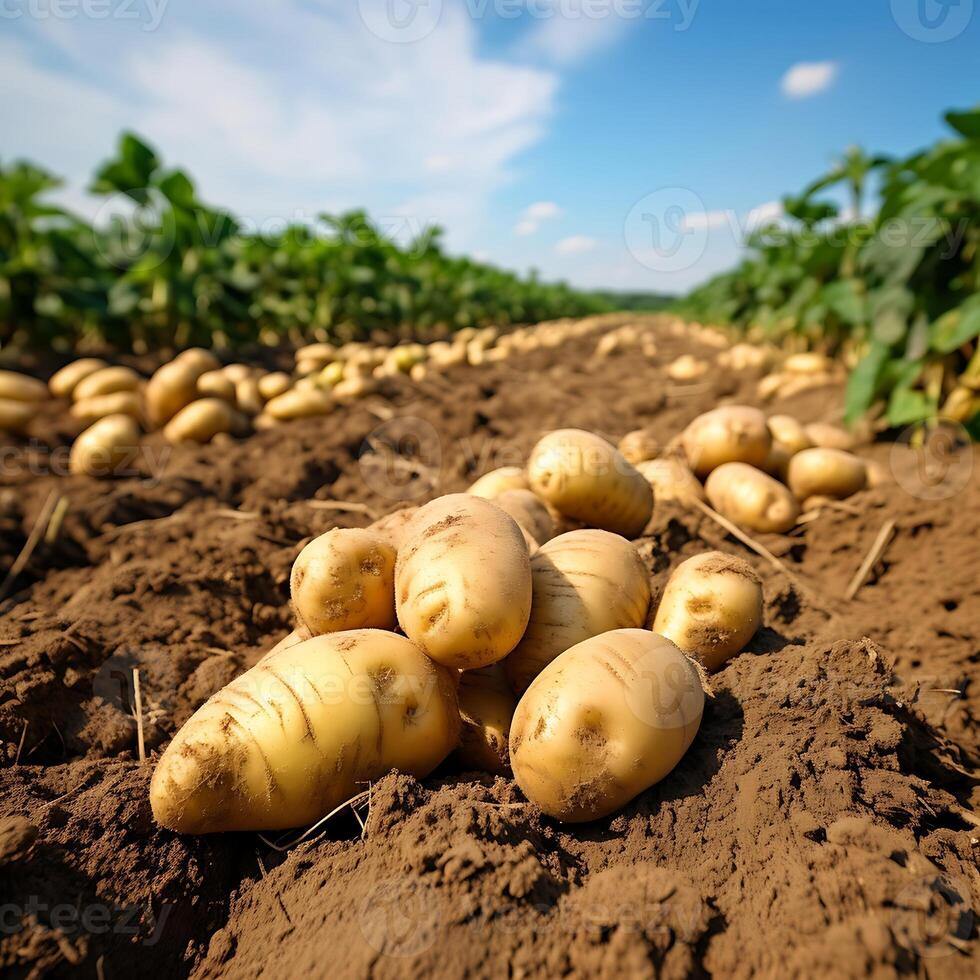 ai gerado recentemente cavado batatas deitado em a terra dentro a campo foto