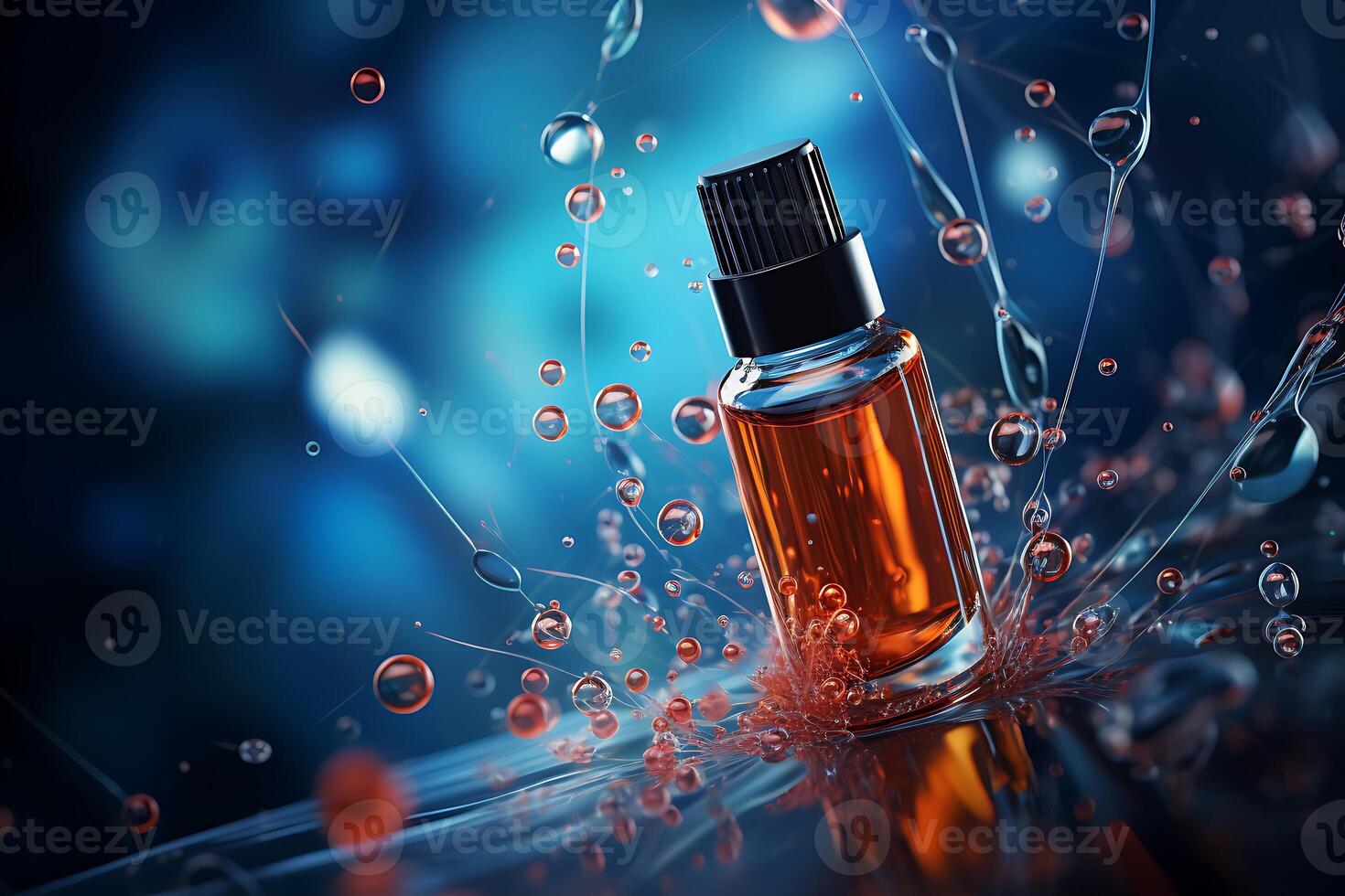 ai gerado perfume garrafa com colorida gotas e salpicos em Sombrio fundo foto