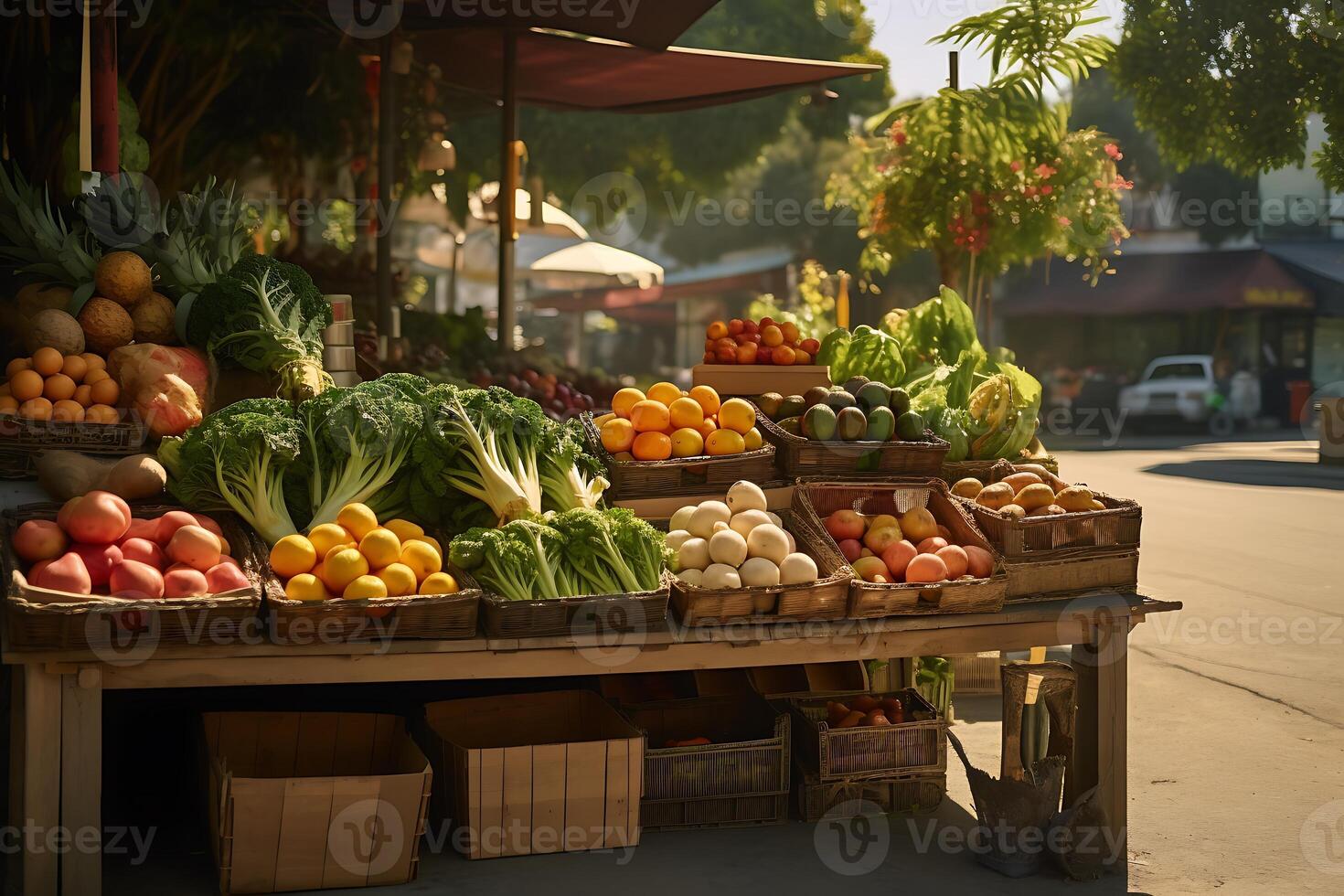 ai gerado frutas e legumes para venda às a agricultores mercado dentro a Vila foto