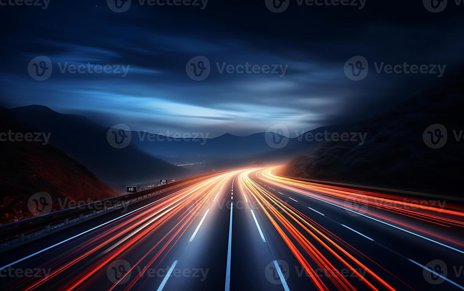 ai gerado rodovia dentro a montanhas às noite com movimento borrão e azul céu foto